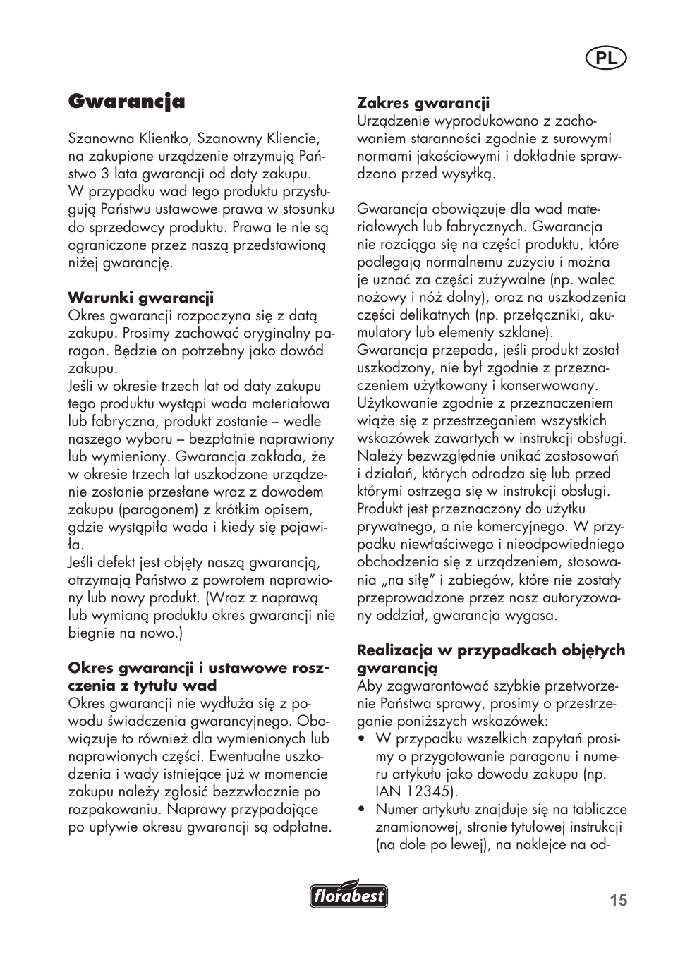 Gwarancja | Florabest FHM 38 A1 User Manual | Page 15 / 46
