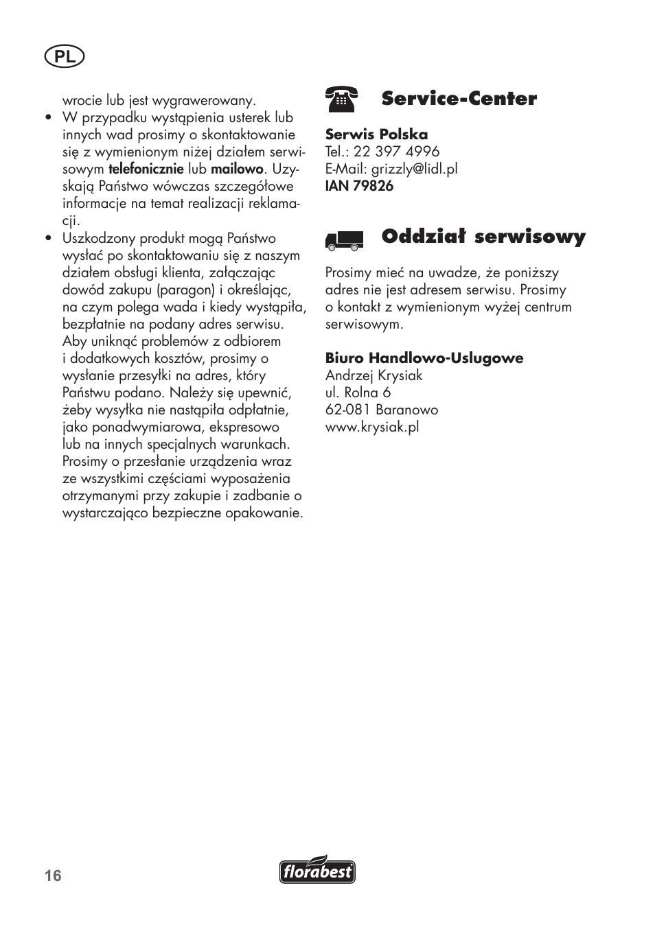 Service-center, Oddział serwisowy | Florabest FHM 38 A1 User Manual | Page 16 / 46