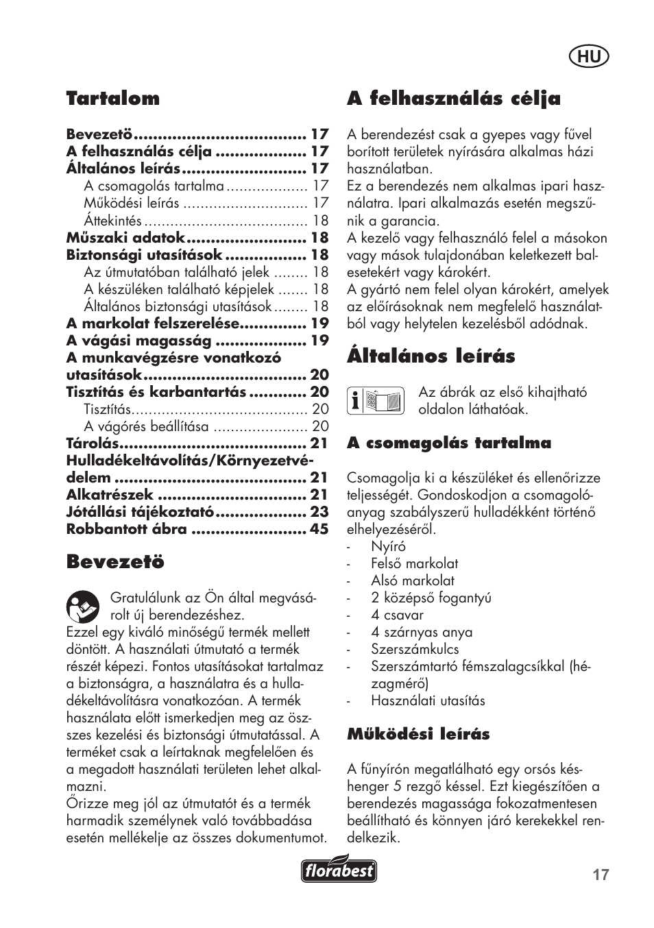 A felhasználás célja, Általános leírás, Tartalom | Bevezetö | Florabest FHM 38 A1 User Manual | Page 17 / 46