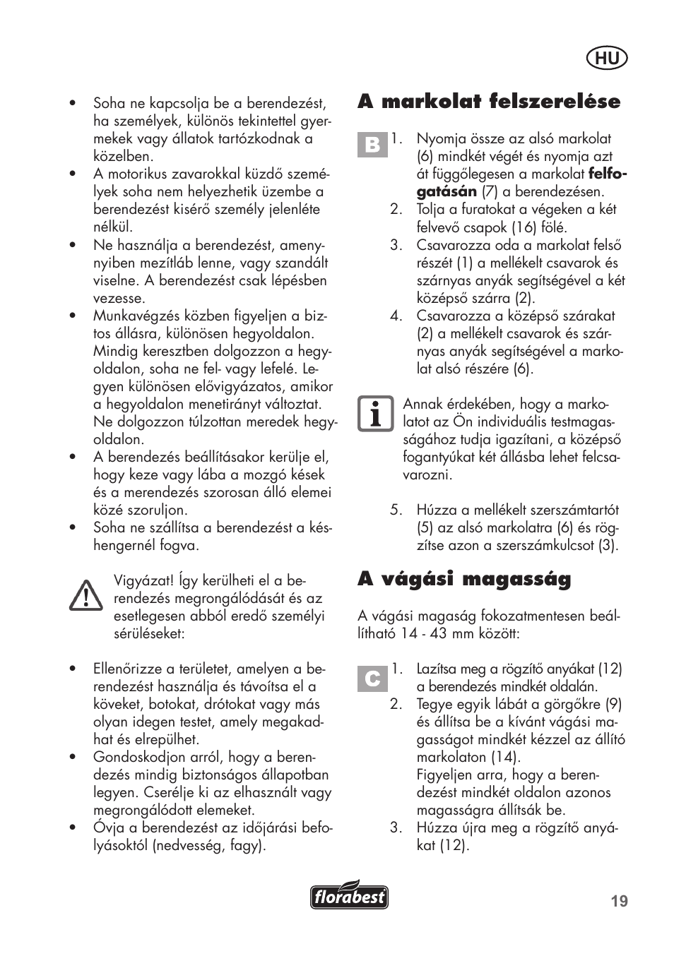 A markolat felszerelése, A vágási magasság | Florabest FHM 38 A1 User Manual | Page 19 / 46