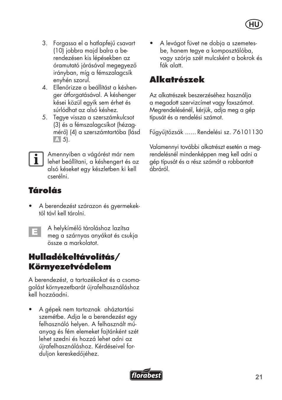Tárolás, Hulladékeltávolítás/ környezetvédelem, Alkatrészek | Florabest FHM 38 A1 User Manual | Page 21 / 46