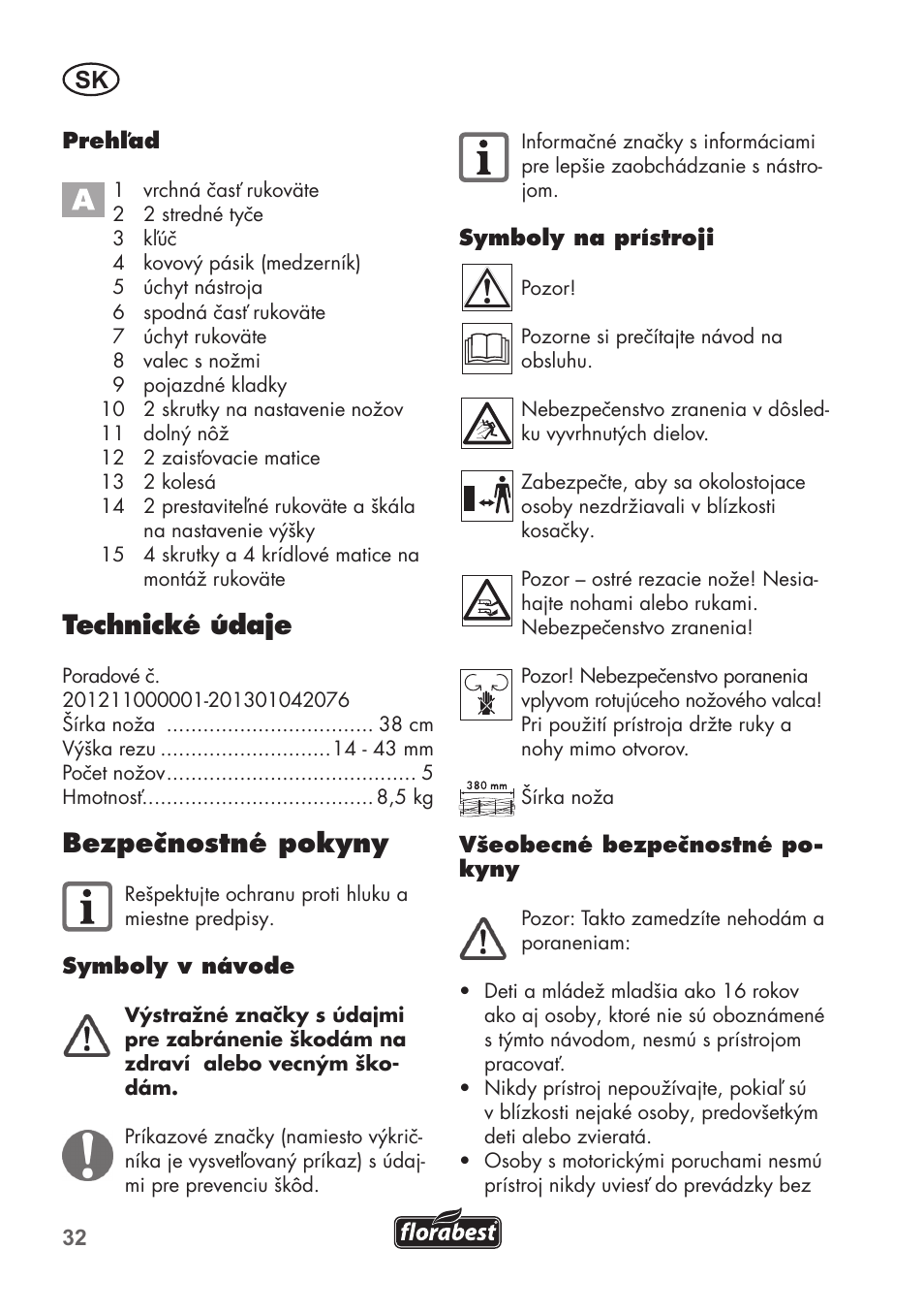 Technické údaje, Bezpečnostné pokyny | Florabest FHM 38 A1 User Manual | Page 32 / 46