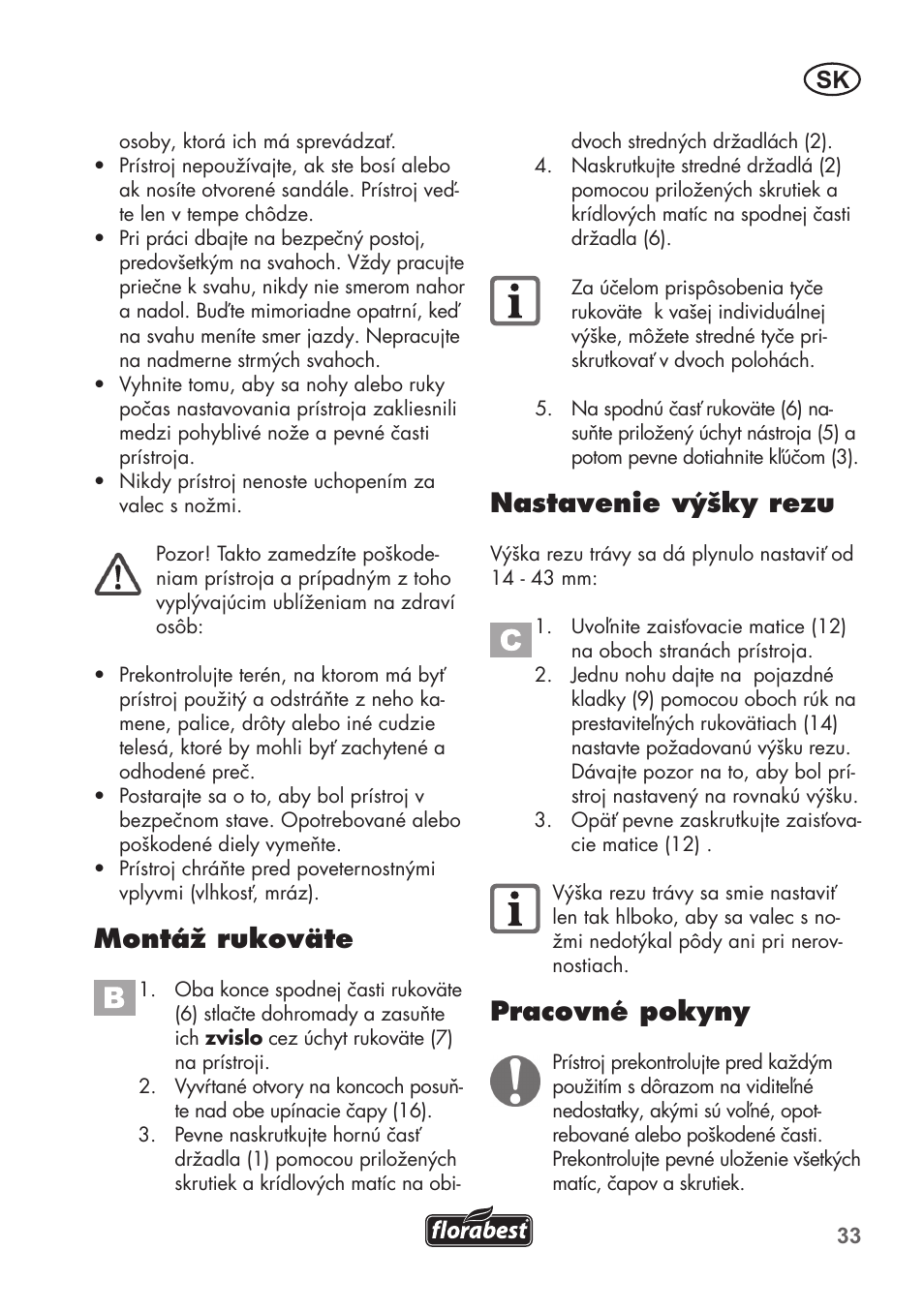 Montáž rukoväte, Nastavenie výšky rezu, Pracovné pokyny | Florabest FHM 38 A1 User Manual | Page 33 / 46