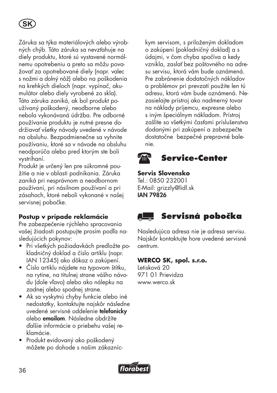 Service-center, Servisná pobočka | Florabest FHM 38 A1 User Manual | Page 36 / 46