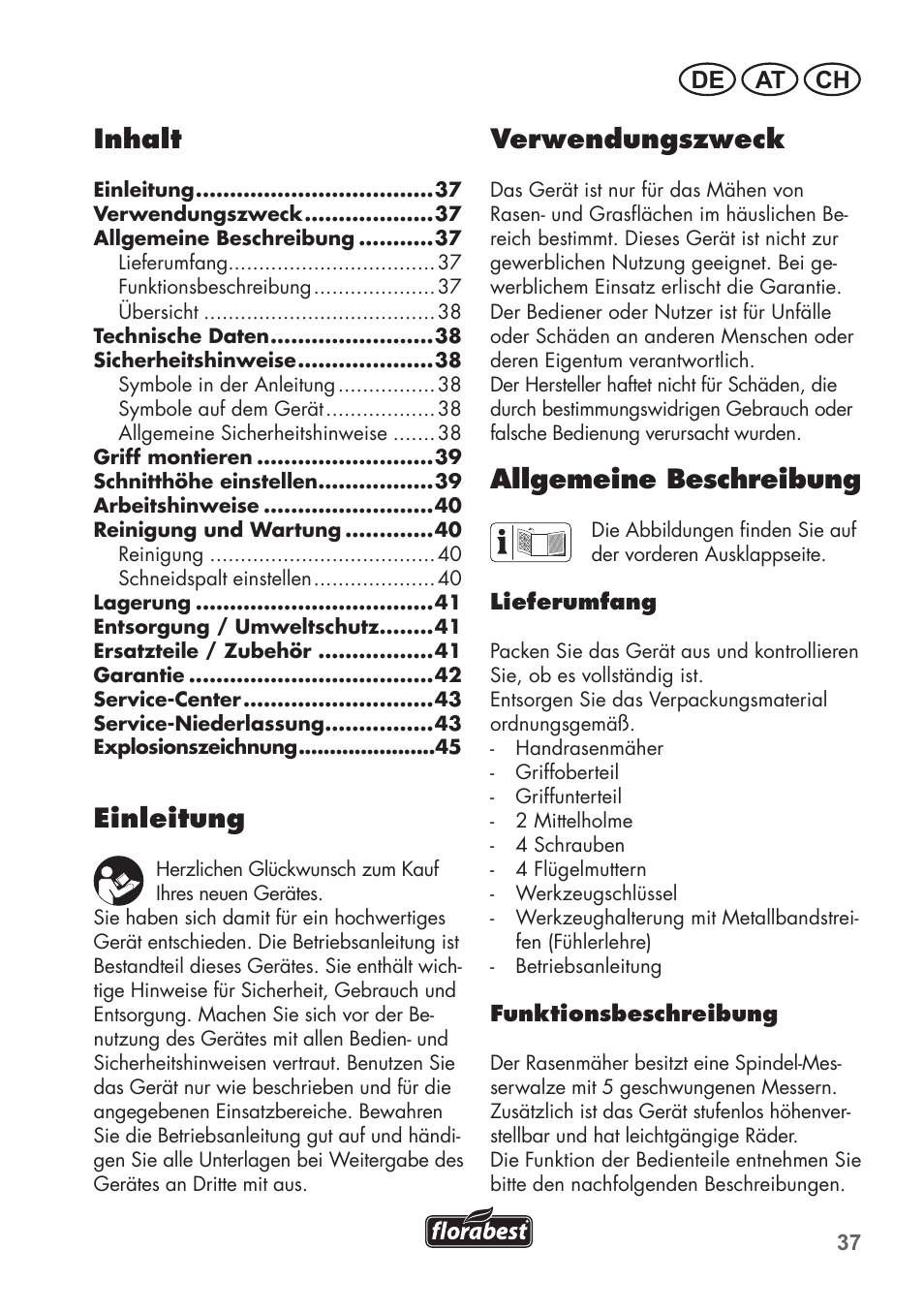 Inhalt, Einleitung, Verwendungszweck | Allgemeine beschreibung, De at ch | Florabest FHM 38 A1 User Manual | Page 37 / 46
