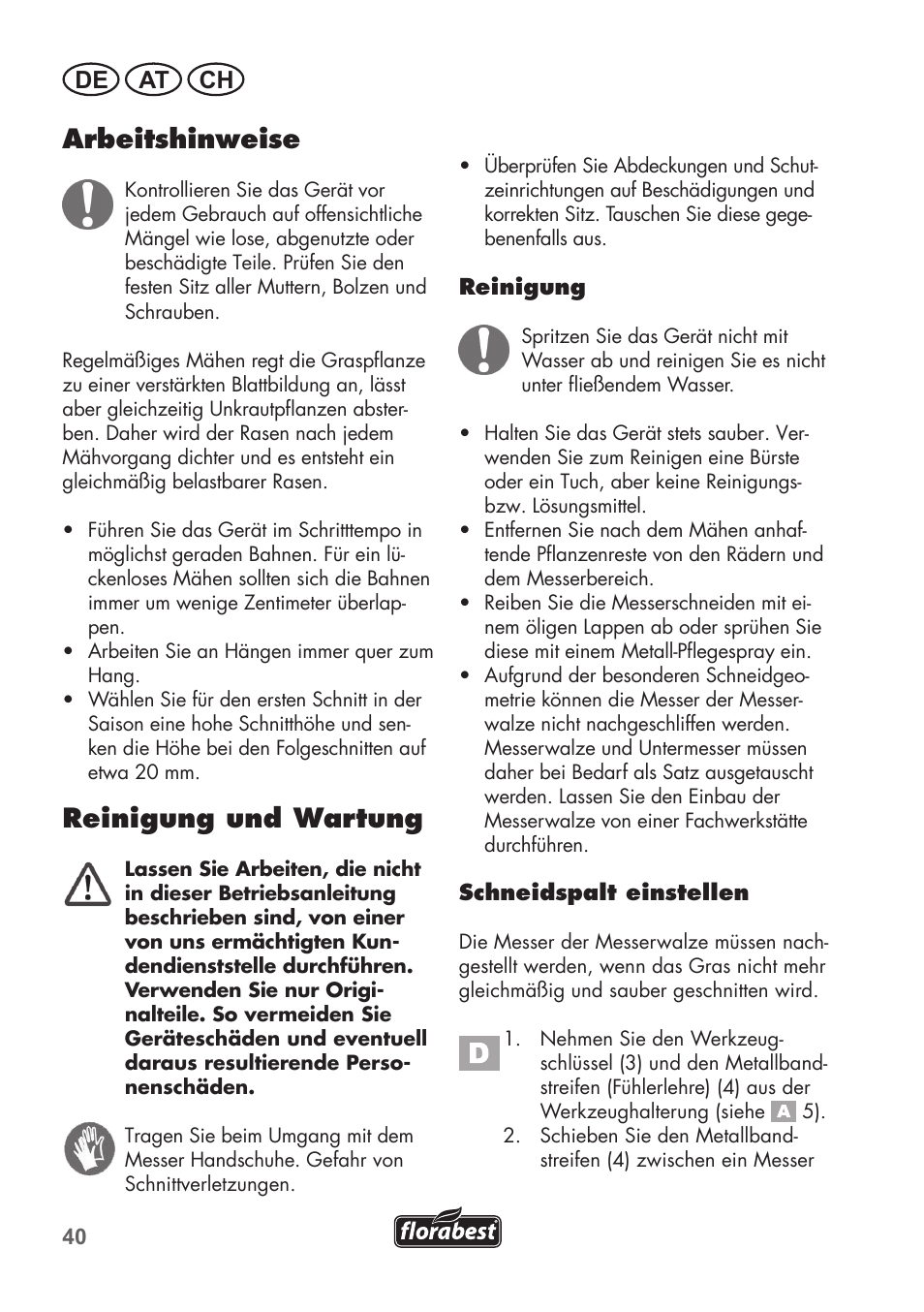 Arbeitshinweise, Reinigung und wartung, De at ch | Florabest FHM 38 A1 User Manual | Page 40 / 46