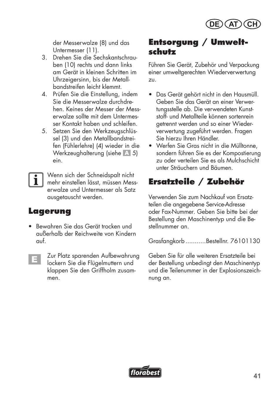 Lagerung, Entsorgung / umwelt- schutz, Ersatzteile / zubehör | De at ch | Florabest FHM 38 A1 User Manual | Page 41 / 46