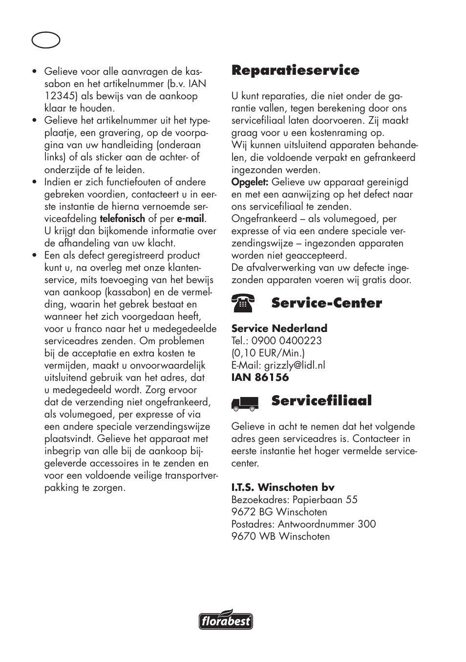 Reparatieservice, Service-center, Servicefiliaal | Florabest FHV 32 A1 User Manual | Page 10 / 22