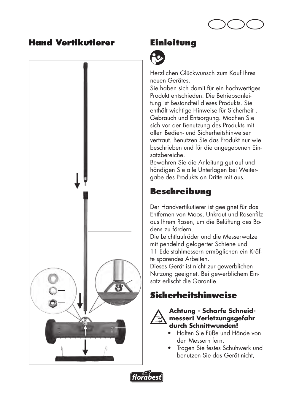 Einleitung, Beschreibung, Sicherheitshinweise | Hand vertikutierer, De at ch | Florabest FHV 32 A1 User Manual | Page 11 / 22