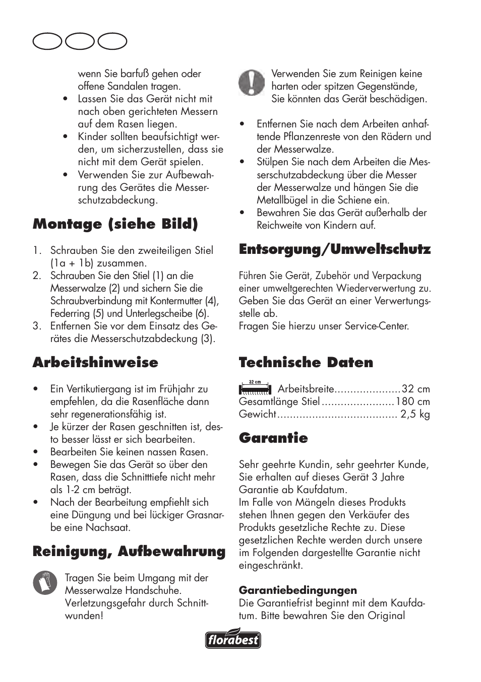 Montage (siehe bild), Arbeitshinweise, Reinigung, aufbewahrung | Entsorgung/umweltschutz, Technische daten, Garantie, De at ch | Florabest FHV 32 A1 User Manual | Page 12 / 22