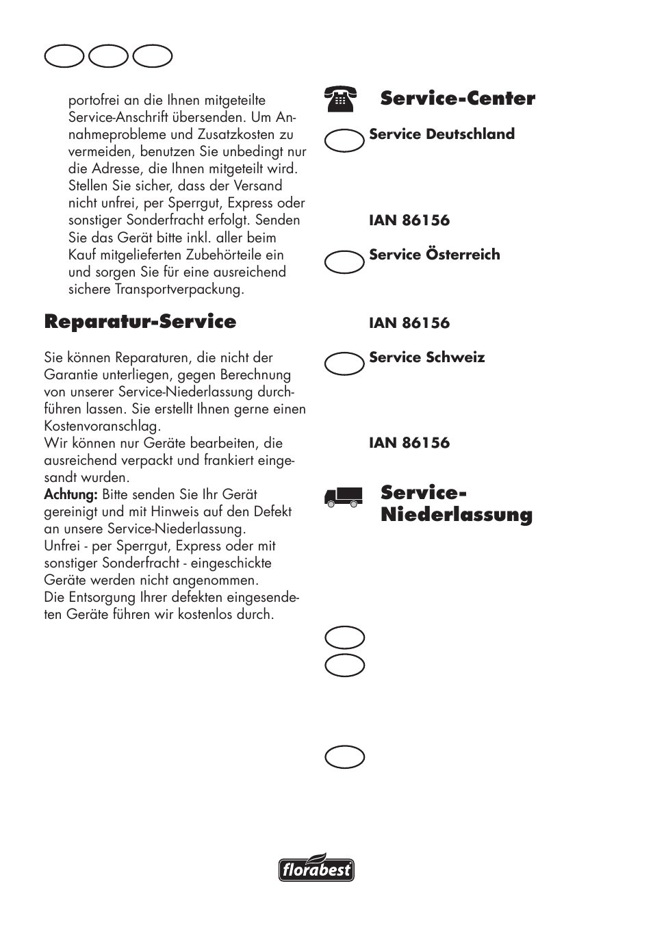 Service-center, Reparatur-service, Service- niederlassung | De at ch, De at at ch ch | Florabest FHV 32 A1 User Manual | Page 14 / 22