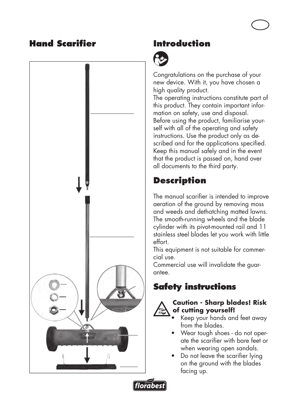 Introduction, Description, Safety instructions | Hand scarifier | Florabest FHV 32 A1 User Manual | Page 15 / 22