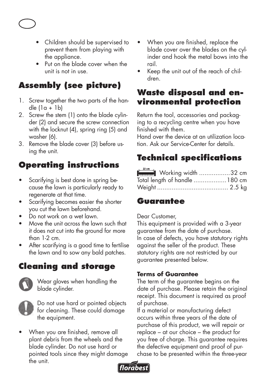 Assembly (see picture), Operating instructions, Cleaning and storage | Waste disposal and en- vironmental protection, Technical specifications, Guarantee | Florabest FHV 32 A1 User Manual | Page 16 / 22