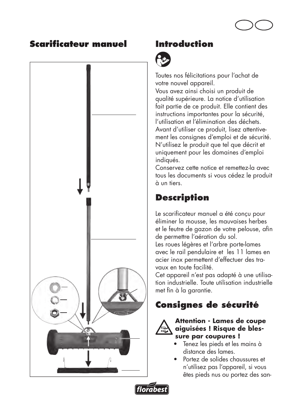 Introduction, Description, Consignes de sécurité | Scarificateur manuel, Fr be | Florabest FHV 32 A1 User Manual | Page 3 / 22