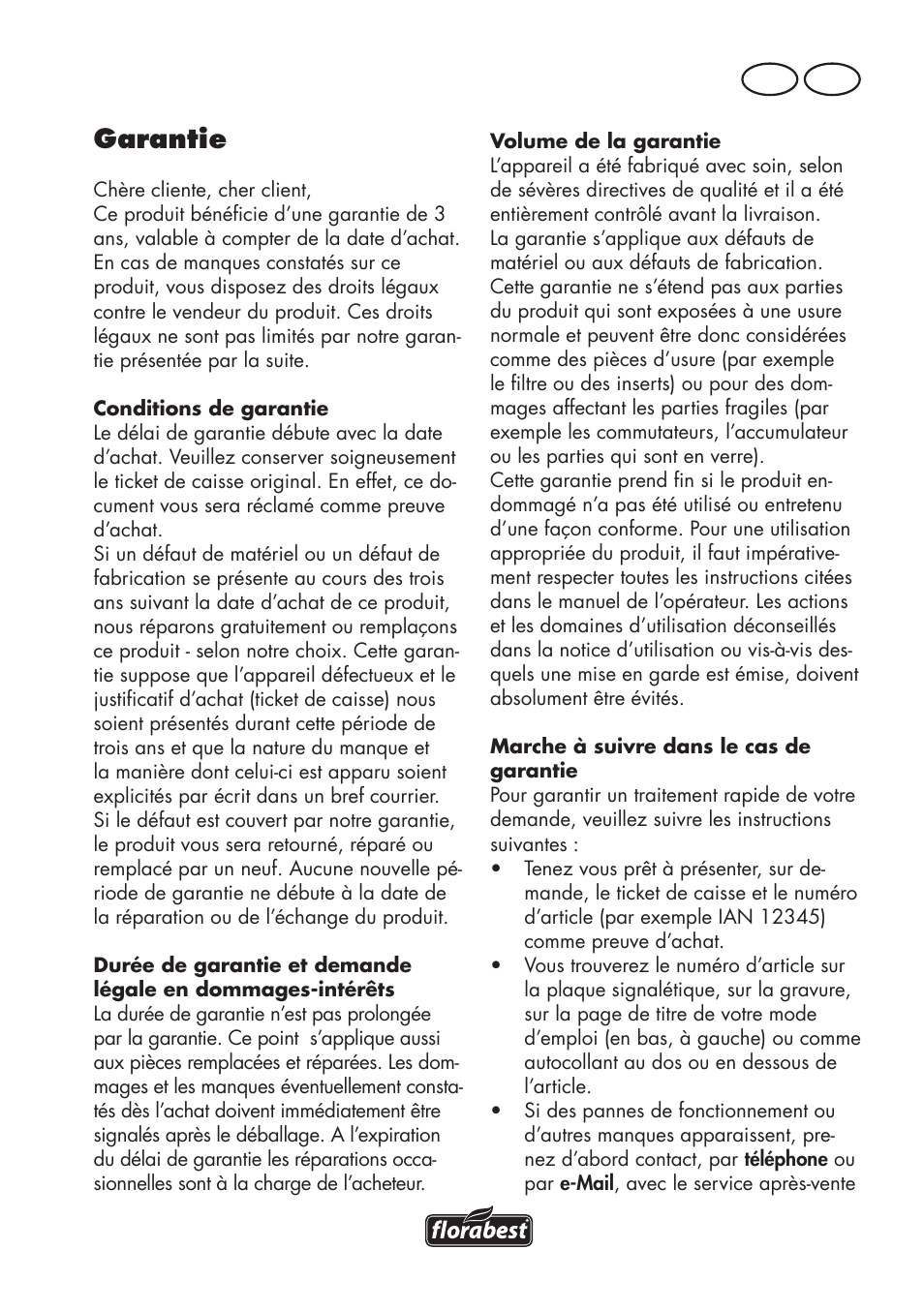 Garantie, Fr be | Florabest FHV 32 A1 User Manual | Page 5 / 22