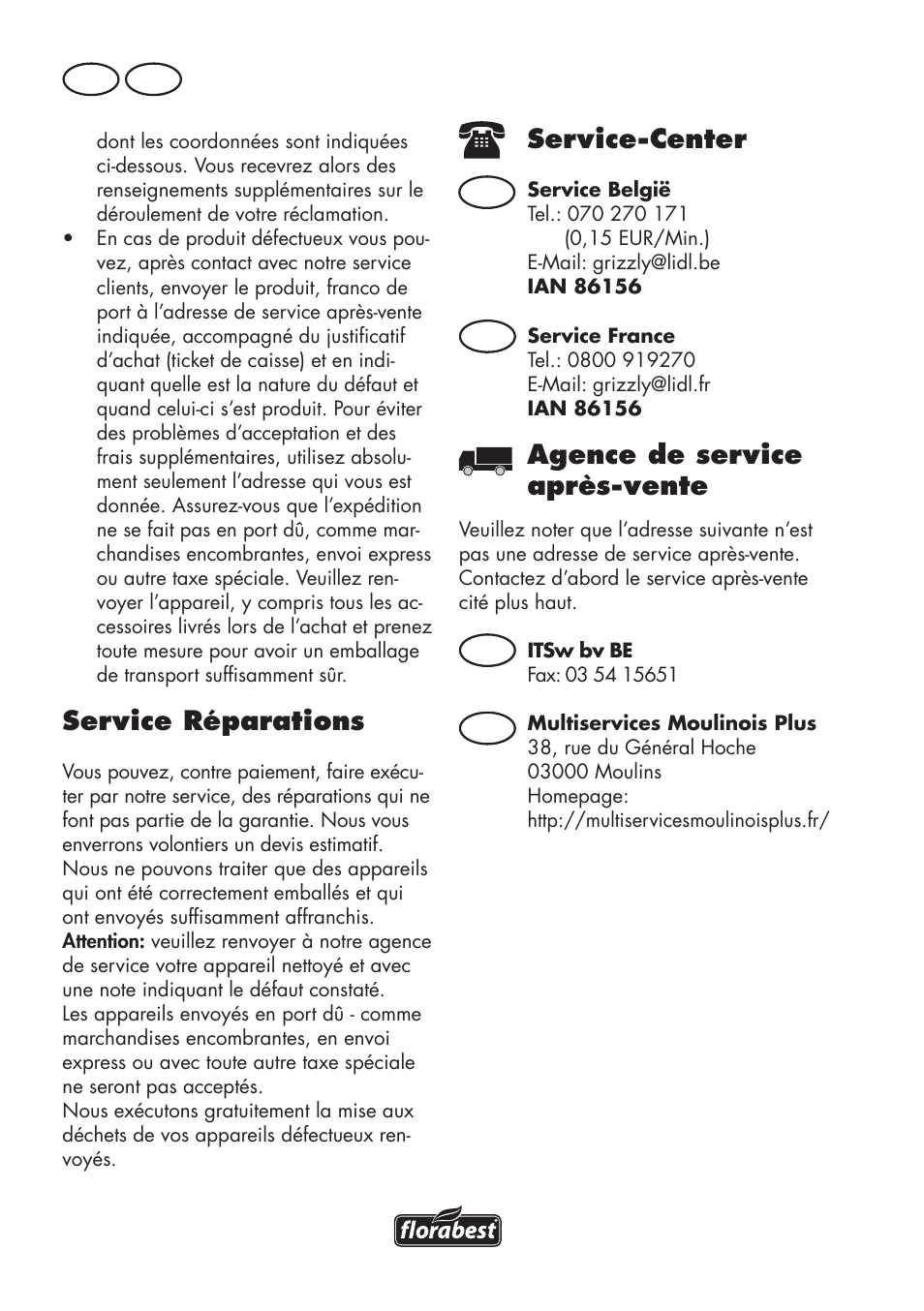 Service réparations, Service-center, Agence de service après-vente | Fr be, Fr be be fr | Florabest FHV 32 A1 User Manual | Page 6 / 22