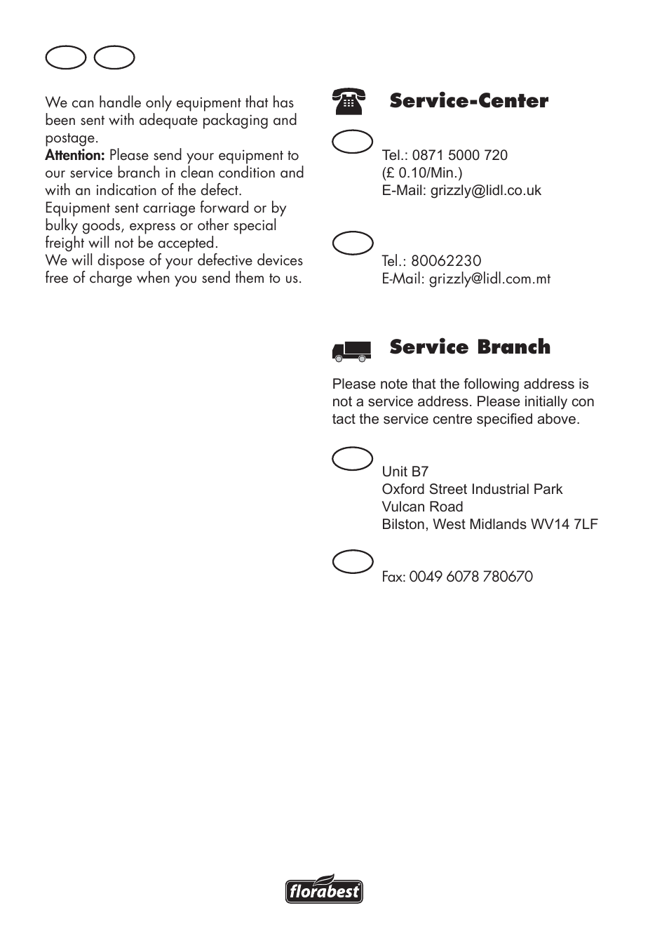 Service-center, Service branch, Gb mt gb gb mt mt | Florabest FHV 32 A1 User Manual | Page 10 / 18