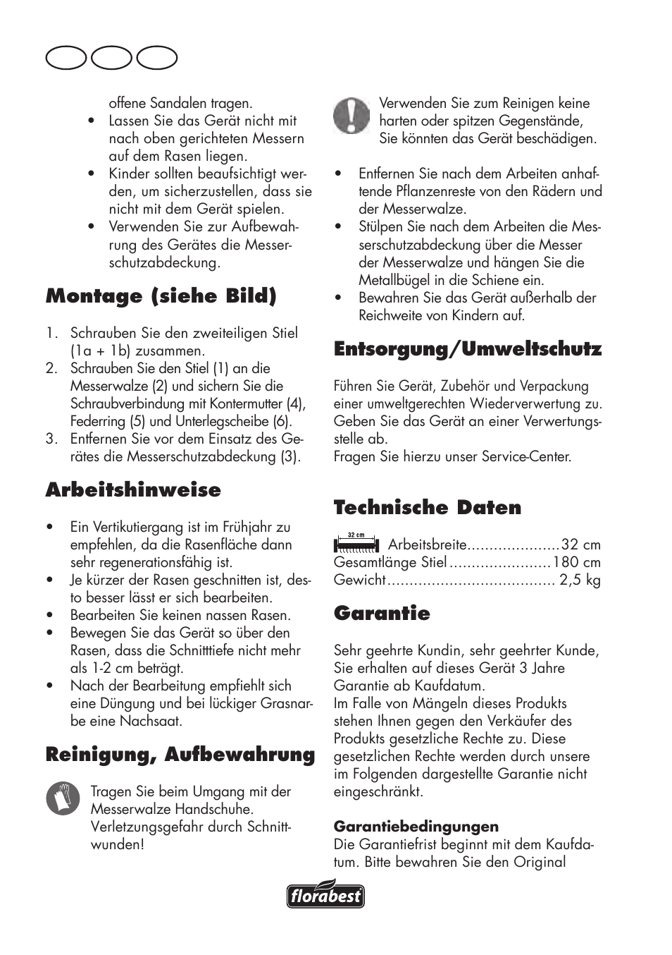 Montage (siehe bild), Arbeitshinweise, Reinigung, aufbewahrung | Entsorgung/umweltschutz, Technische daten, Garantie, De at ch | Florabest FHV 32 A1 User Manual | Page 12 / 18