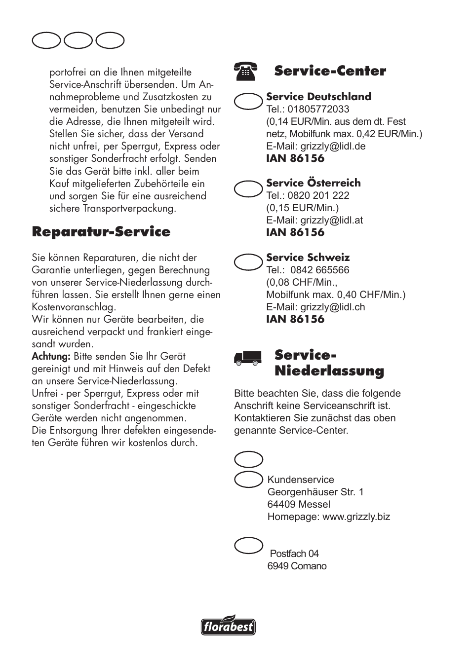 Service-center, Reparatur-service, Service- niederlassung | De at ch, De at at ch ch | Florabest FHV 32 A1 User Manual | Page 14 / 18