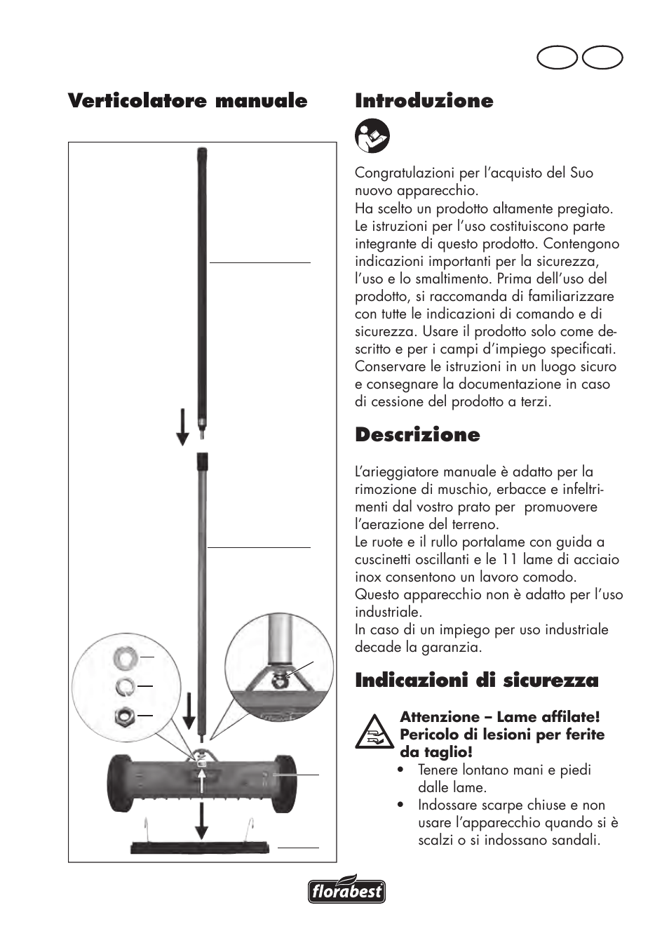 Introduzione, Descrizione, Indicazioni di sicurezza | Verticolatore manuale, It mt | Florabest FHV 32 A1 User Manual | Page 3 / 18