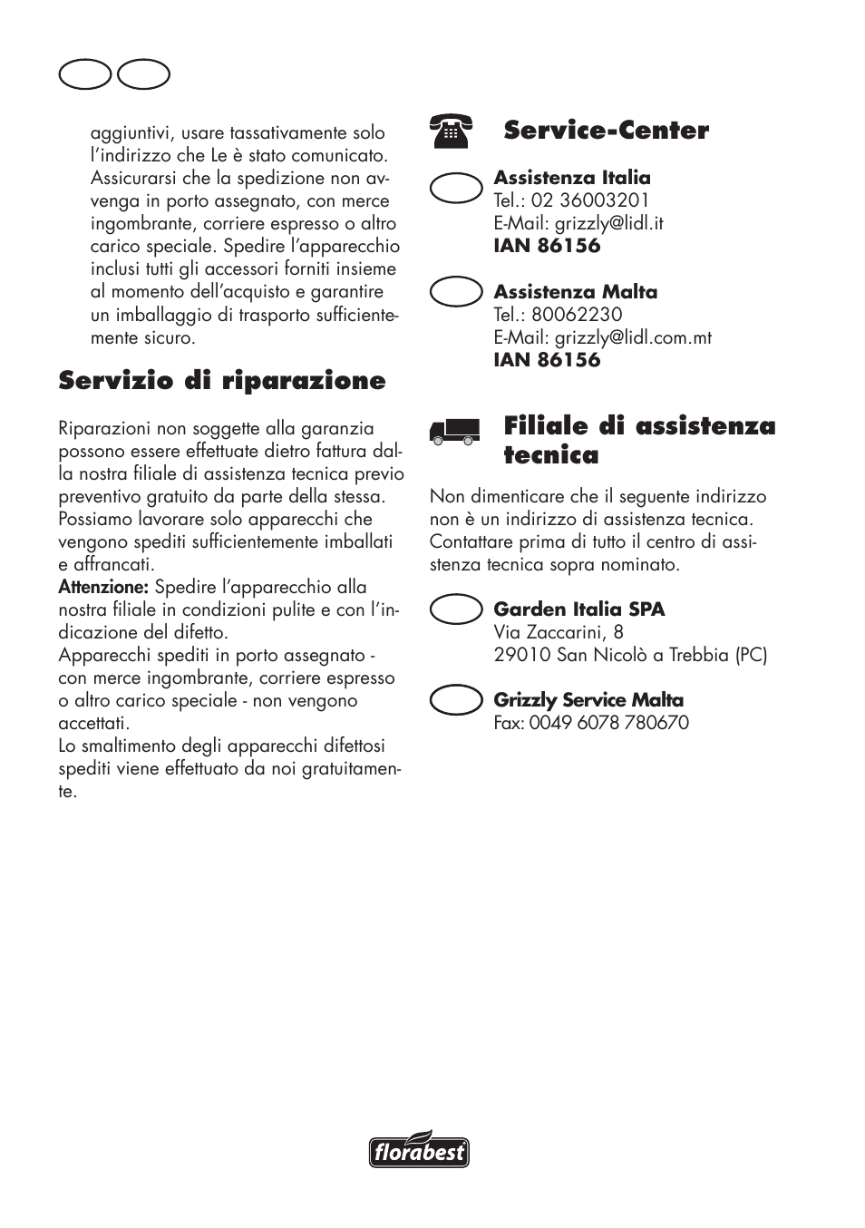 Servizio di riparazione, Service-center, Filiale di assistenza tecnica | It mt, It mt mt mt | Florabest FHV 32 A1 User Manual | Page 6 / 18