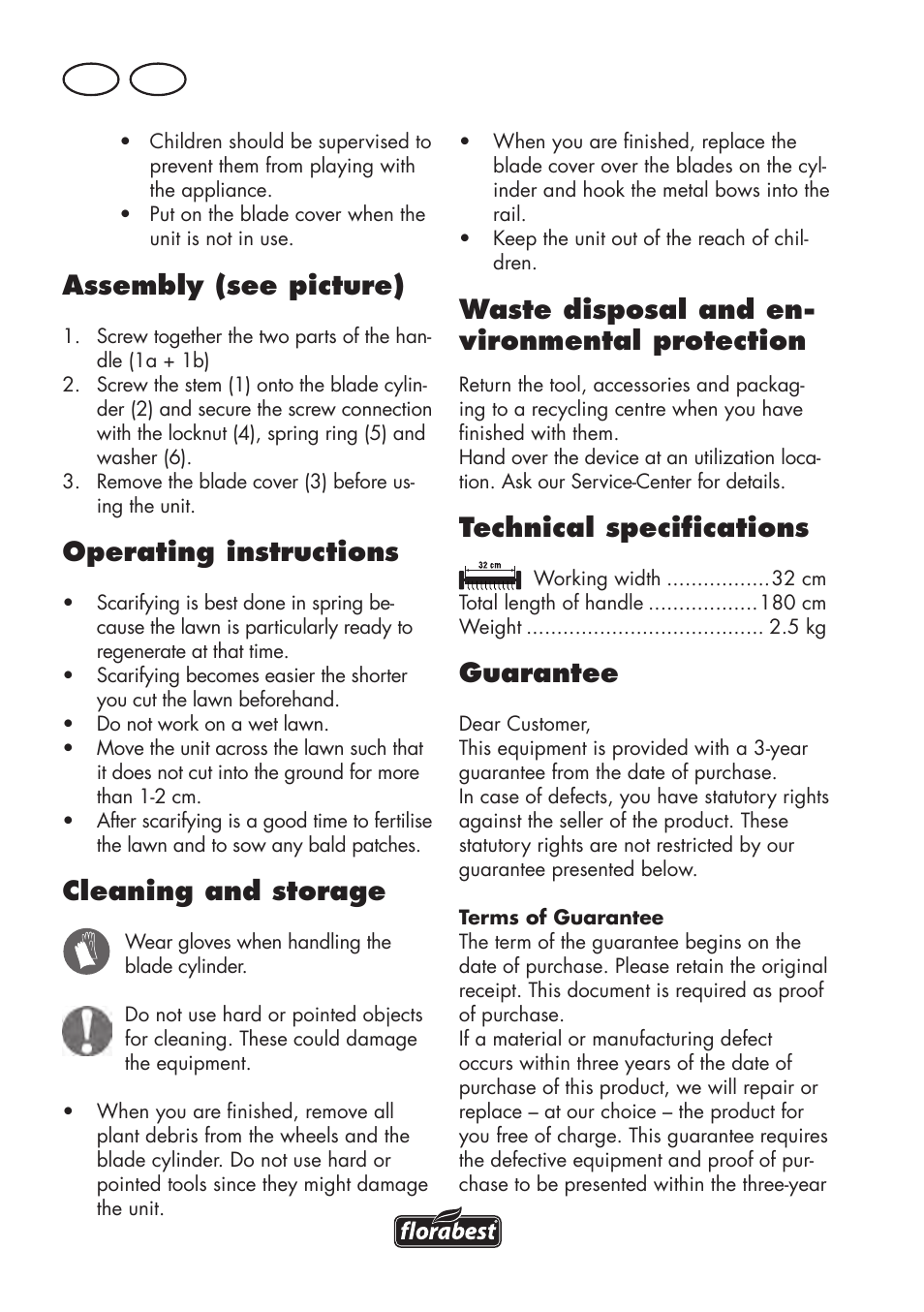 Assembly (see picture), Operating instructions, Cleaning and storage | Waste disposal and en- vironmental protection, Technical specifications, Guarantee, Gb mt | Florabest FHV 32 A1 User Manual | Page 8 / 18