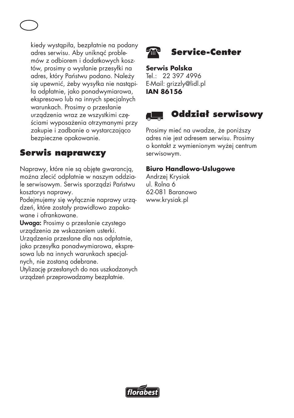 Serwis naprawczy, Service-center, Oddział serwisowy | Florabest FHV 32 A1 User Manual | Page 10 / 30