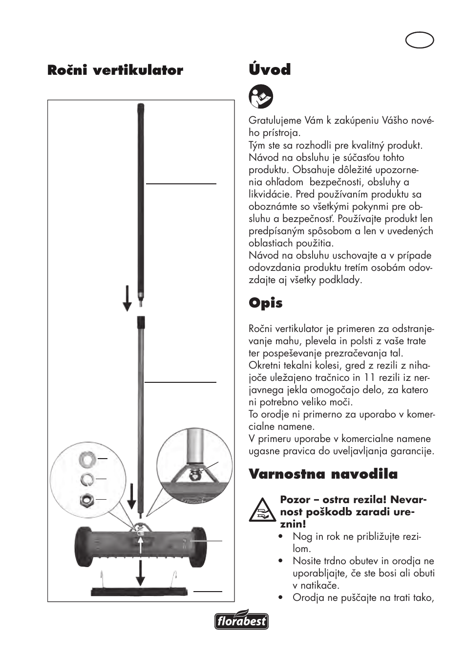 Úvod, Opis, Varnostna navodila | Ročni vertikulator | Florabest FHV 32 A1 User Manual | Page 11 / 30