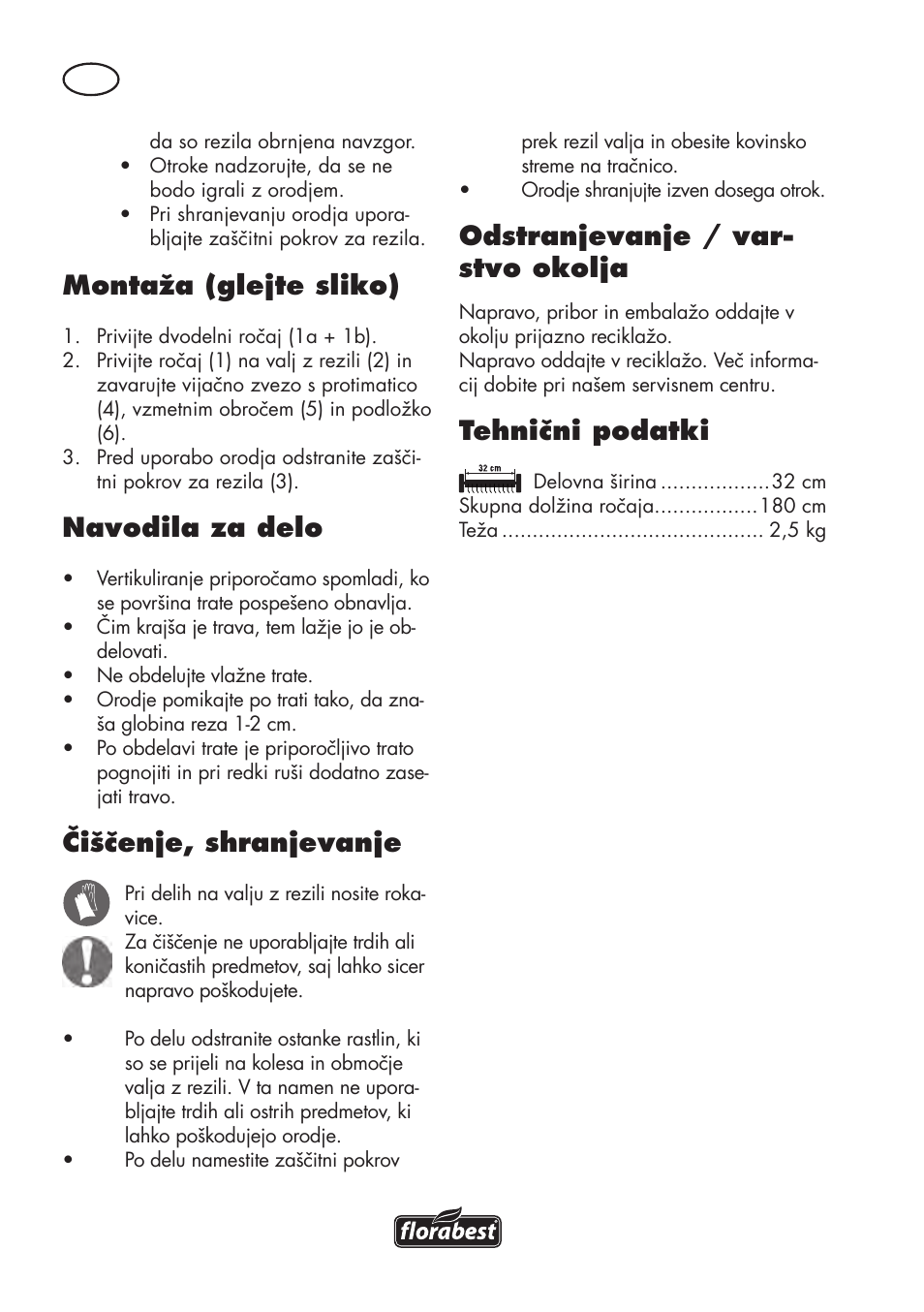 Montaža (glejte sliko), Navodila za delo, Čiščenje, shranjevanje | Odstranjevanje / var- stvo okolja, Tehnični podatki | Florabest FHV 32 A1 User Manual | Page 12 / 30