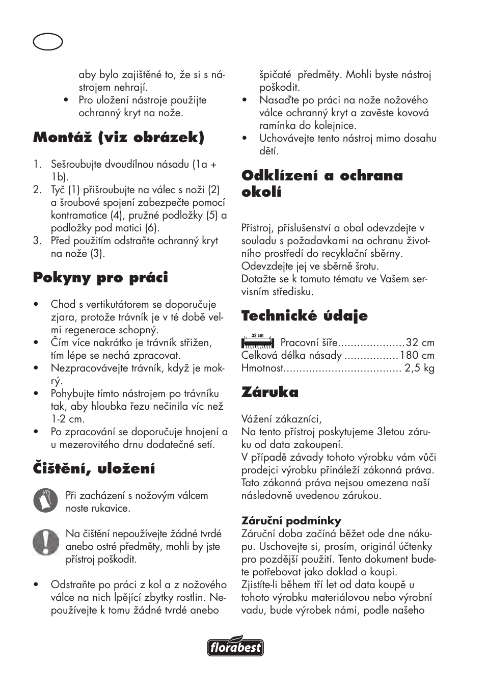 Montáž (viz obrázek), Pokyny pro práci, Čištění, uložení | Odklízení a ochrana okolí, Technické údaje, Záruka | Florabest FHV 32 A1 User Manual | Page 16 / 30