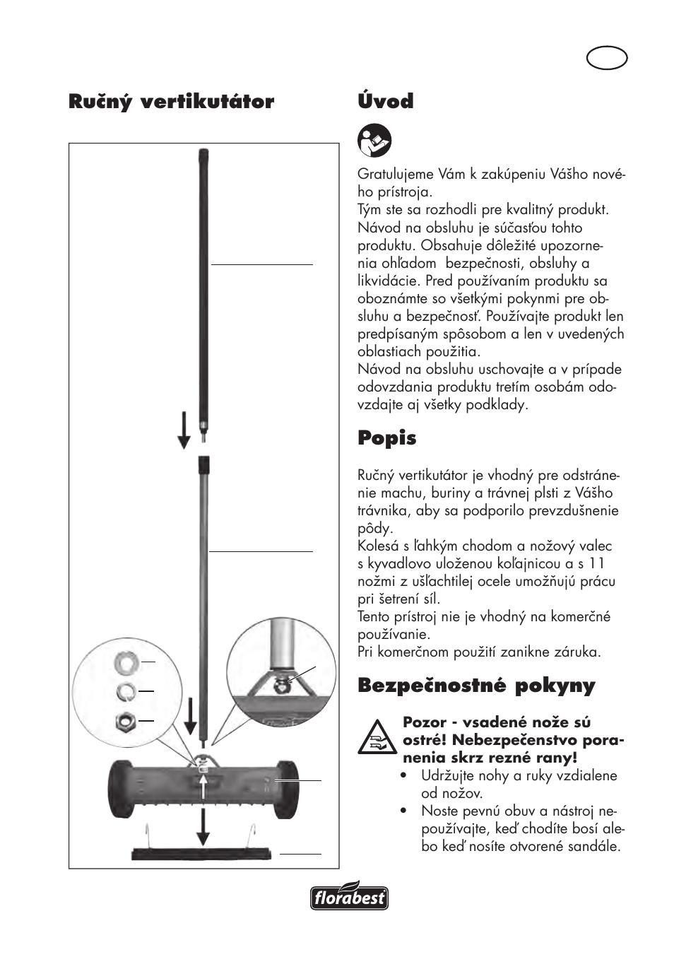 Úvod, Popis, Bezpečnostné pokyny | Ručný vertikutátor | Florabest FHV 32 A1 User Manual | Page 19 / 30