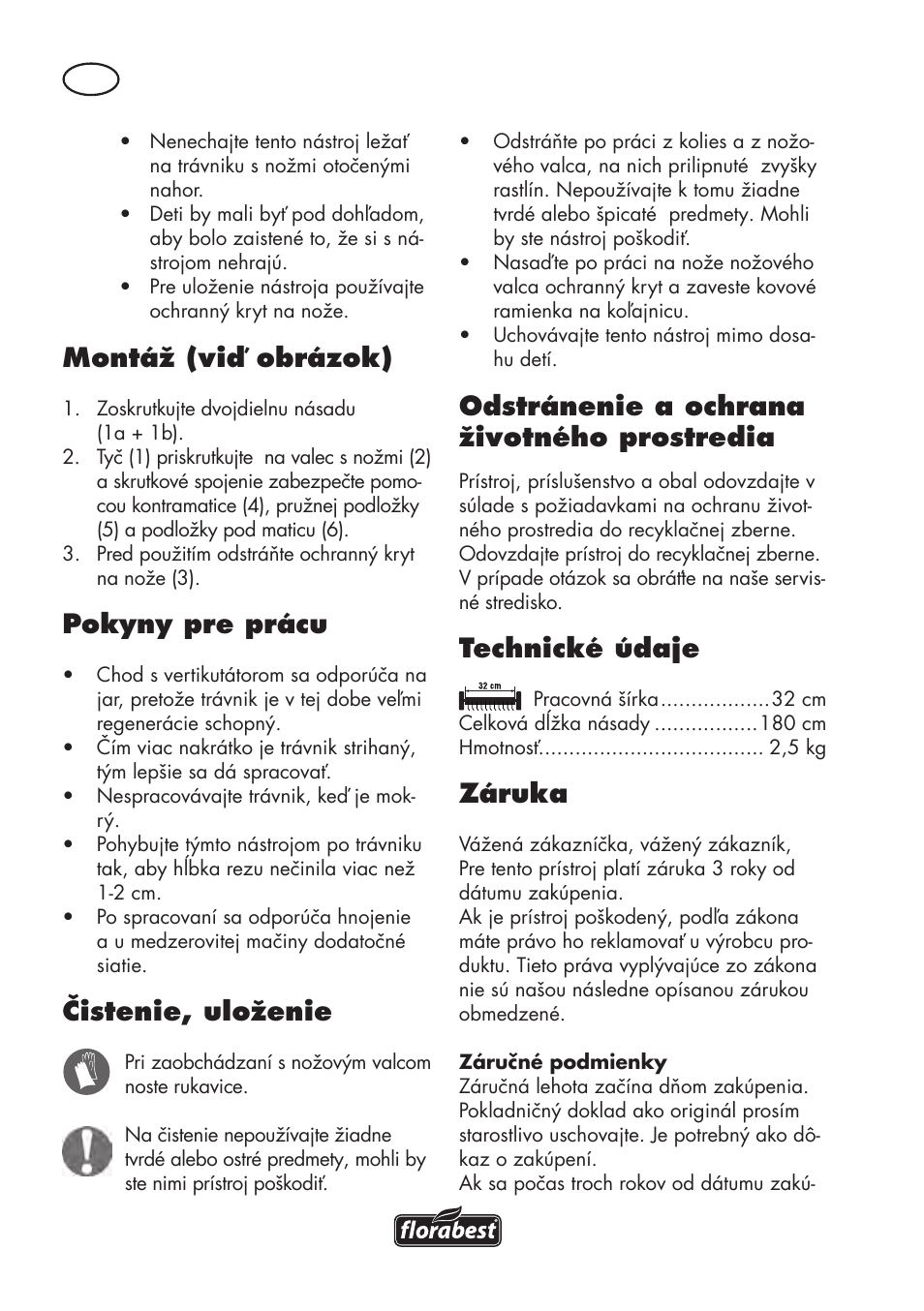 Montáž (viď obrázok), Pokyny pre prácu, Čistenie, uloženie | Odstránenie a ochrana životného prostredia, Technické údaje, Záruka | Florabest FHV 32 A1 User Manual | Page 20 / 30