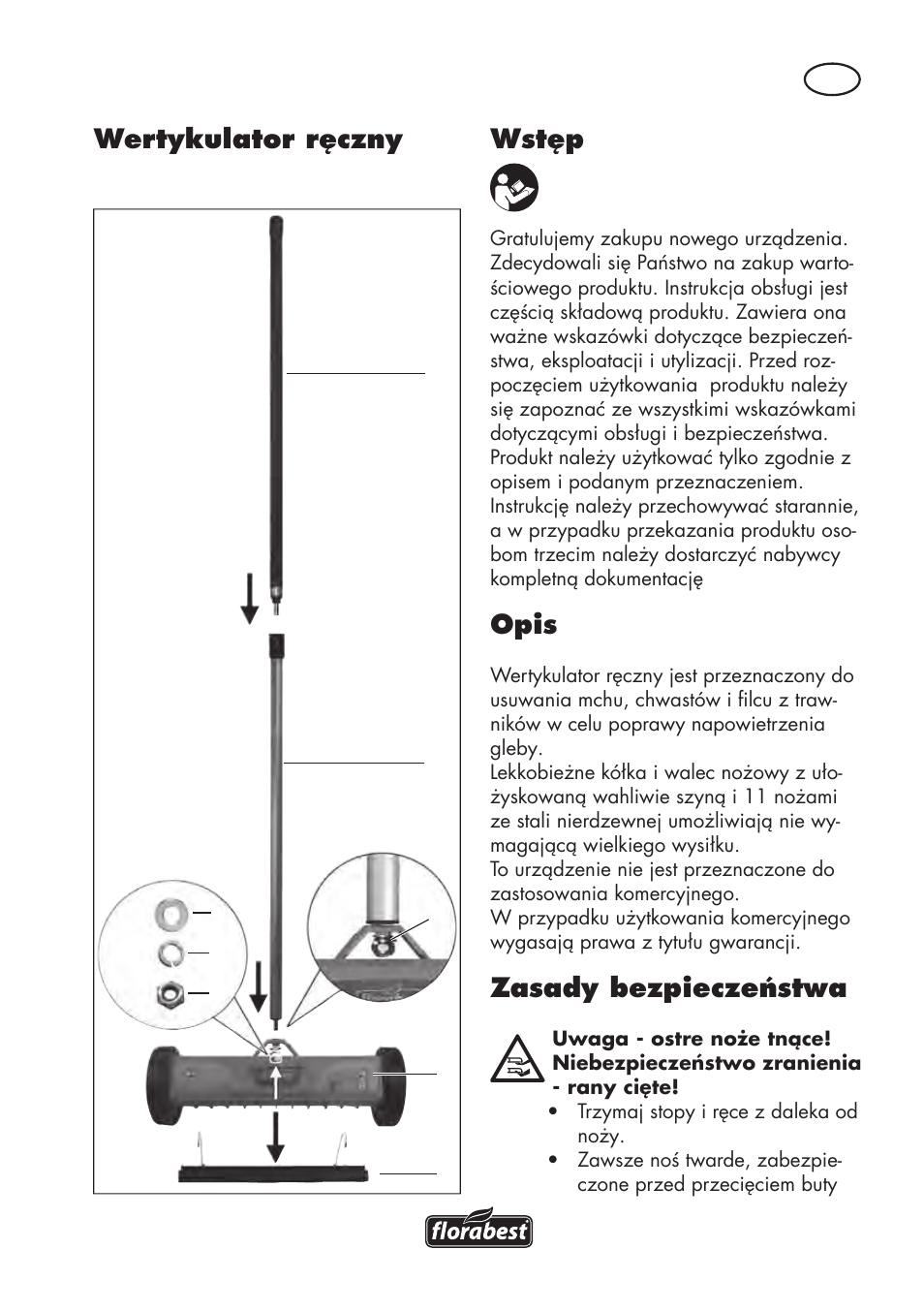 Wstęp, Opis, Zasady bezpieczeństwa | Wertykulator ręczny | Florabest FHV 32 A1 User Manual | Page 7 / 30