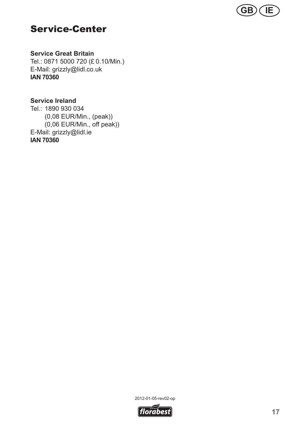 Service-center, Ie gb | Florabest FHA 1100 A1 User Manual | Page 17 / 18