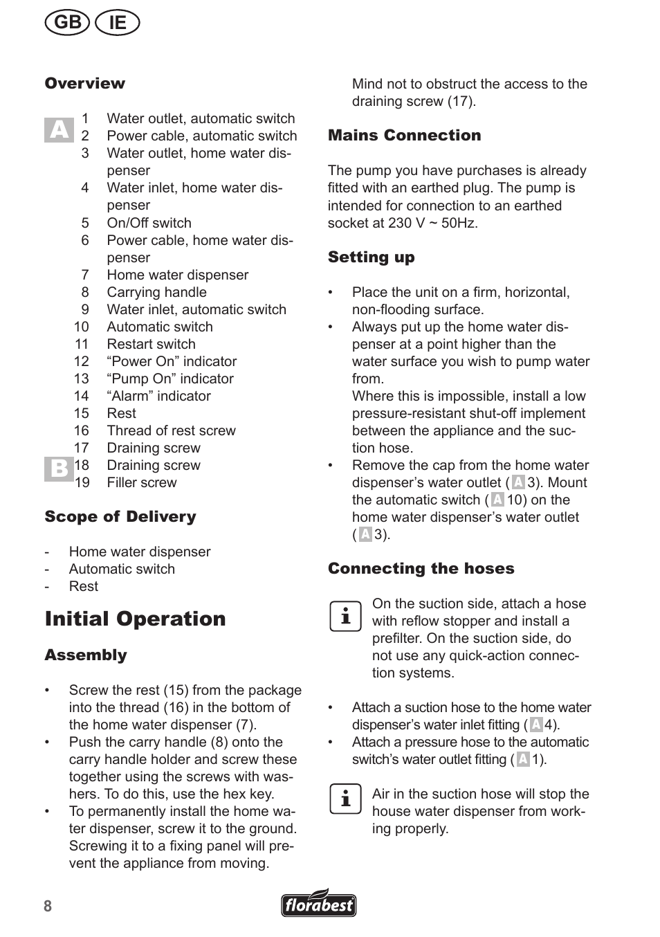 Initial operation, Ie gb | Florabest FHA 1100 A1 User Manual | Page 8 / 18