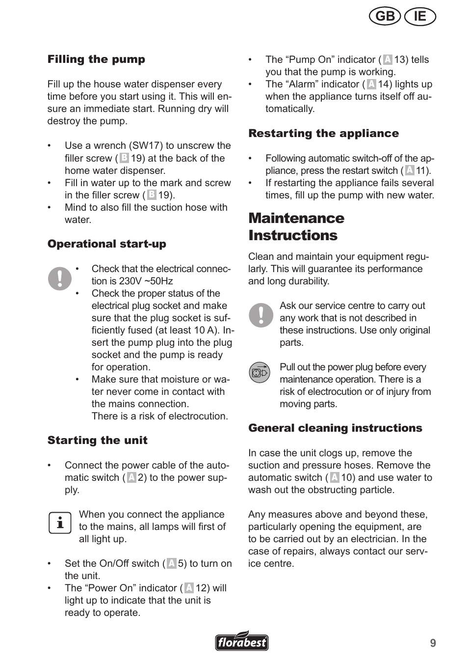Maintenance instructions, Ie gb | Florabest FHA 1100 A1 User Manual | Page 9 / 18