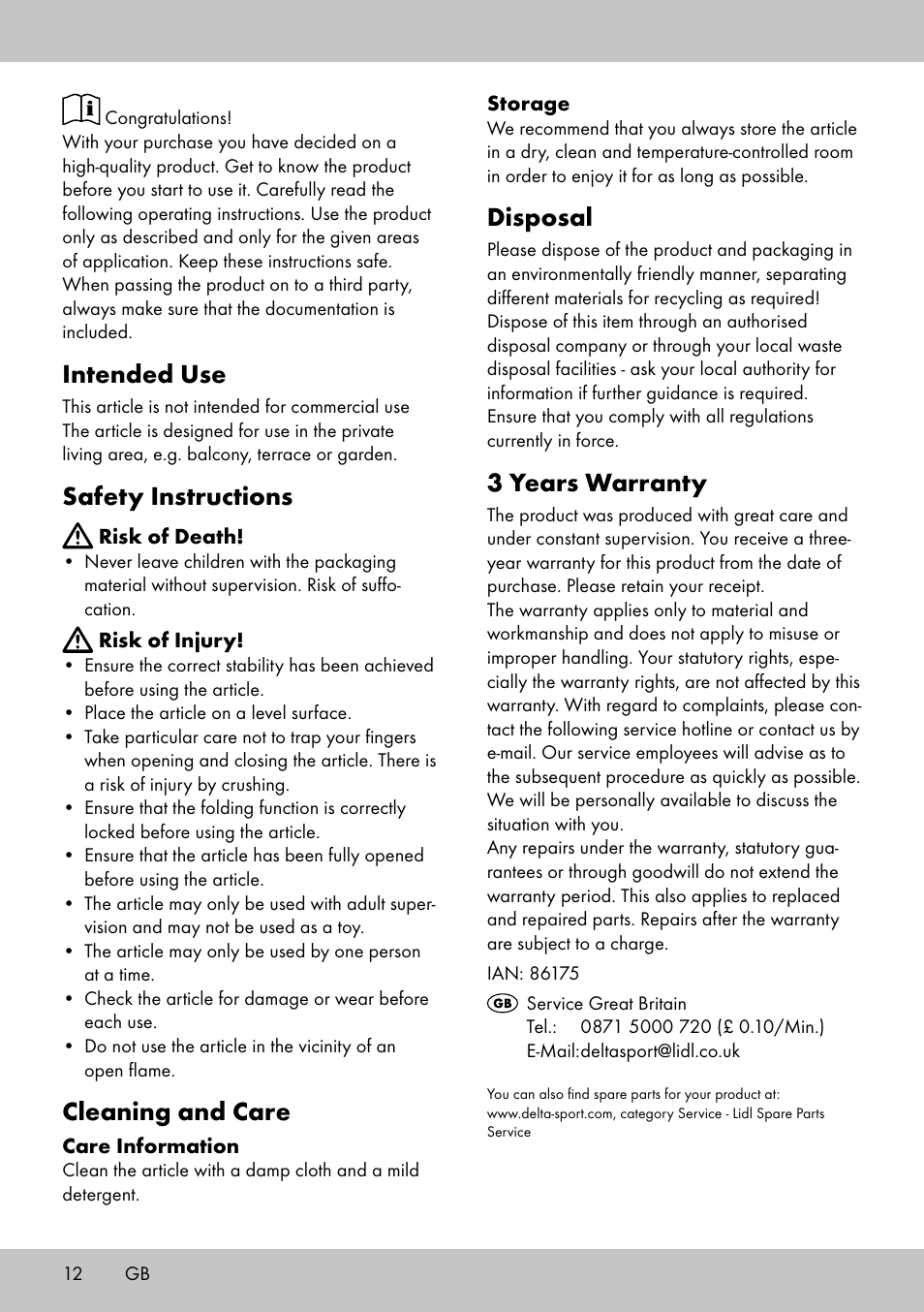 Intended use, Safety instructions, Cleaning and care | Disposal, 3 years warranty | Florabest GH-1597 User Manual | Page 12 / 16