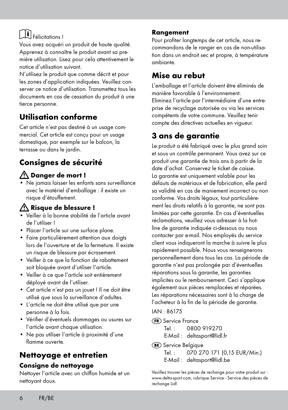 Utilisation conforme, Consignes de sécurité, Nettoyage et entretien | Mise au rebut, 3 ans de garantie | Florabest GH-1597 User Manual | Page 6 / 12