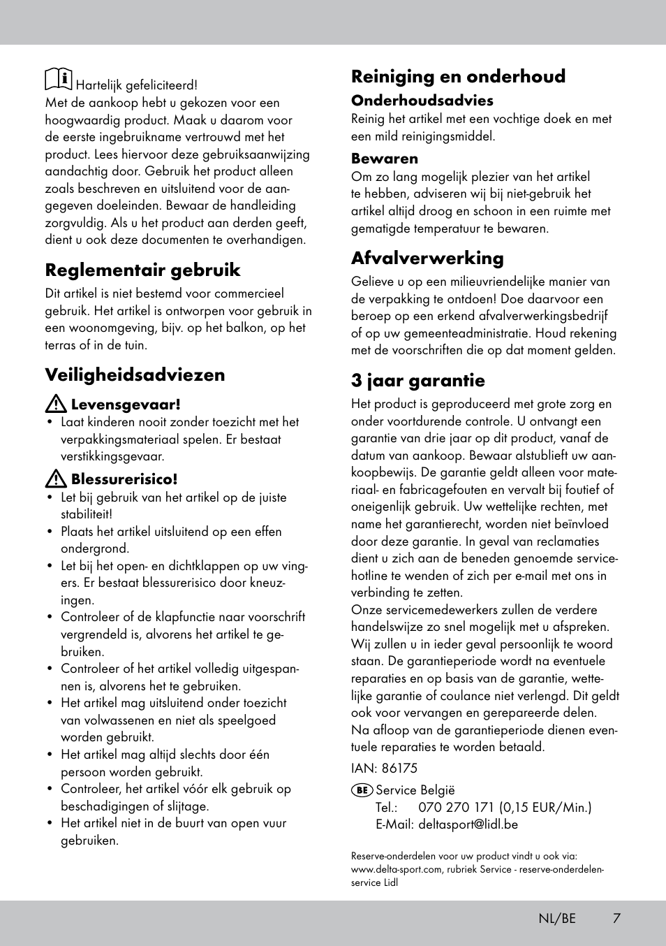 Reglementair gebruik, Veiligheidsadviezen, Reiniging en onderhoud | Afvalverwerking, 3 jaar garantie | Florabest GH-1597 User Manual | Page 7 / 12