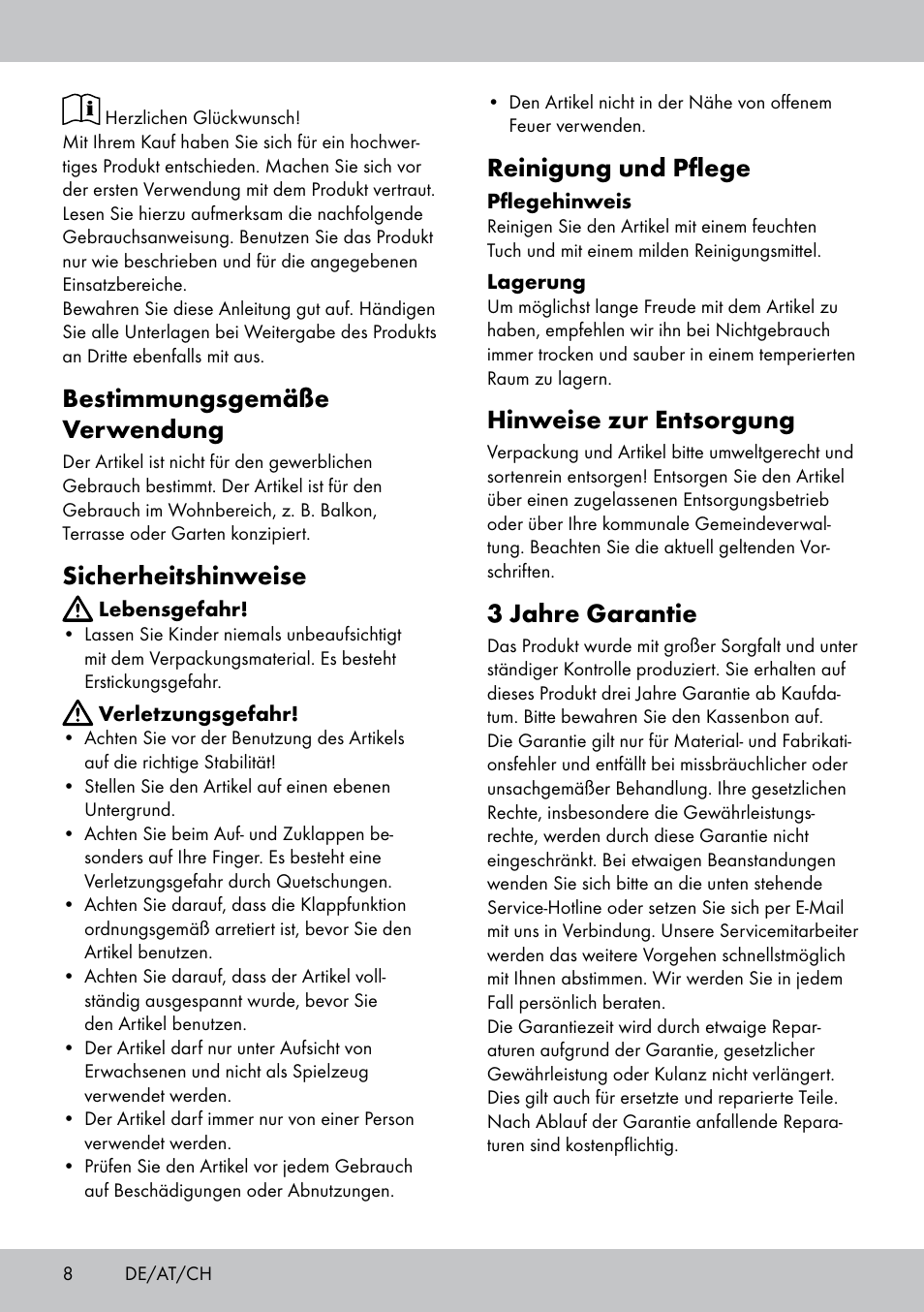 Bestimmungsgemäße verwendung, Sicherheitshinweise, Reinigung und pflege | Hinweise zur entsorgung, 3 jahre garantie | Florabest GH-1597 User Manual | Page 8 / 12