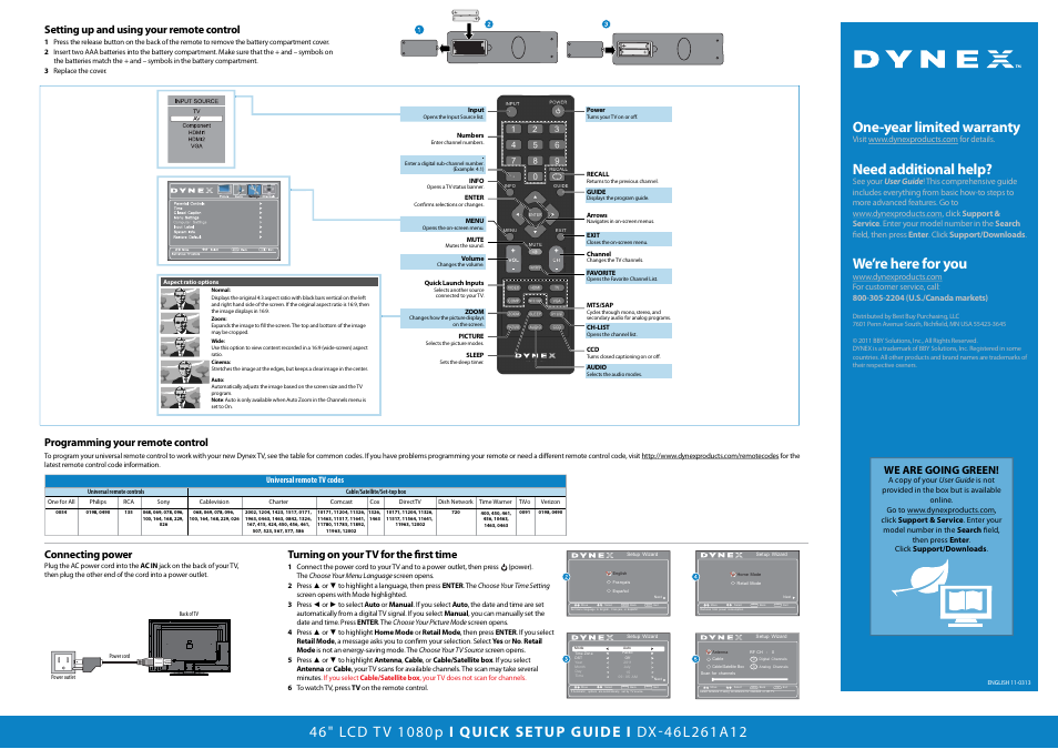 Exit, Menu, One-year limited warranty | Need additional help, We’re here for you, We are going green, Setting up and using your remote control, Connecting power, Turning on your tv for the first time, Programming your remote control | Dynex DX-46L261A12 User Manual | Page 2 / 2