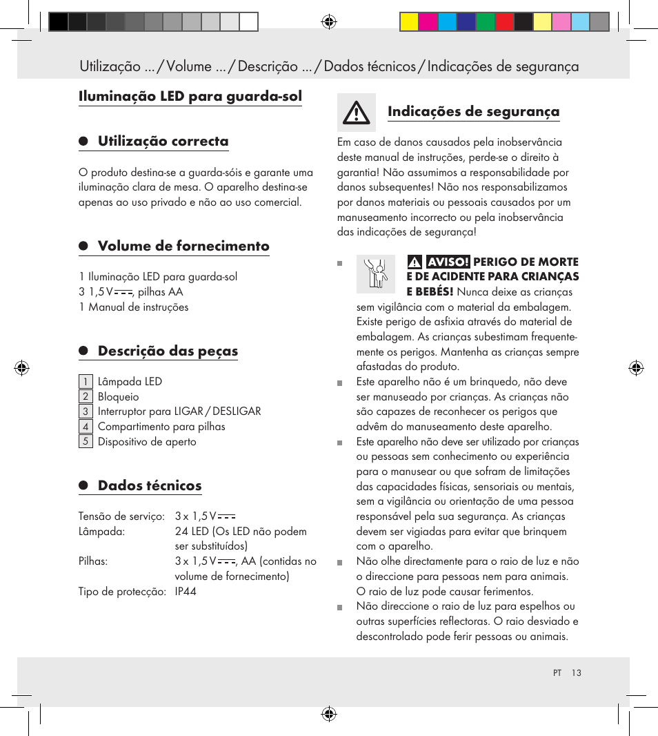 Iluminação led para guarda-sol, Utilização correcta, Volume de fornecimento | Descrição das peças, Dados técnicos, Indicações de segurança | Florabest Z30688 User Manual | Page 13 / 24
