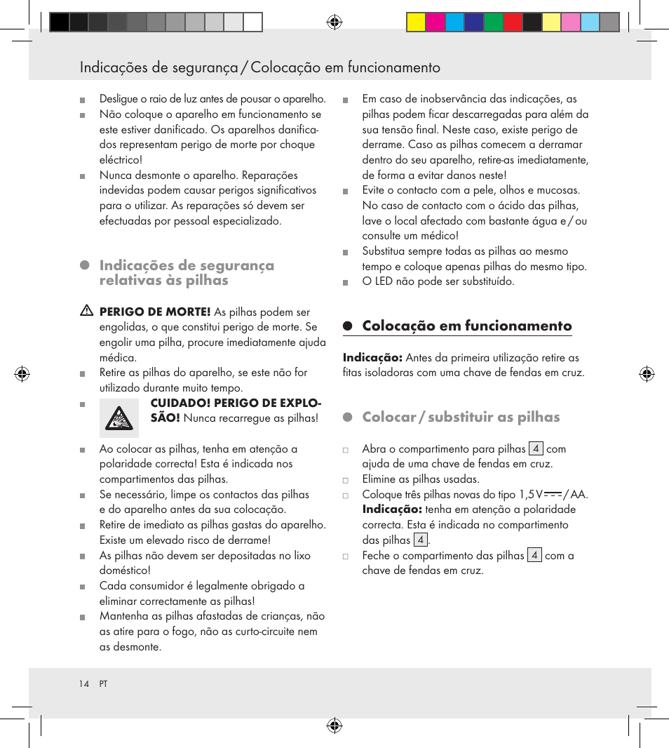 Indicações de segurança relativas às pilhas, Colocação em funcionamento, Colocar / substituir as pilhas | Florabest Z30688 User Manual | Page 14 / 24