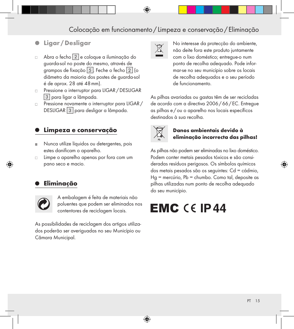 Ligar / desligar, Limpeza e conservação, Eliminação | Florabest Z30688 User Manual | Page 15 / 24