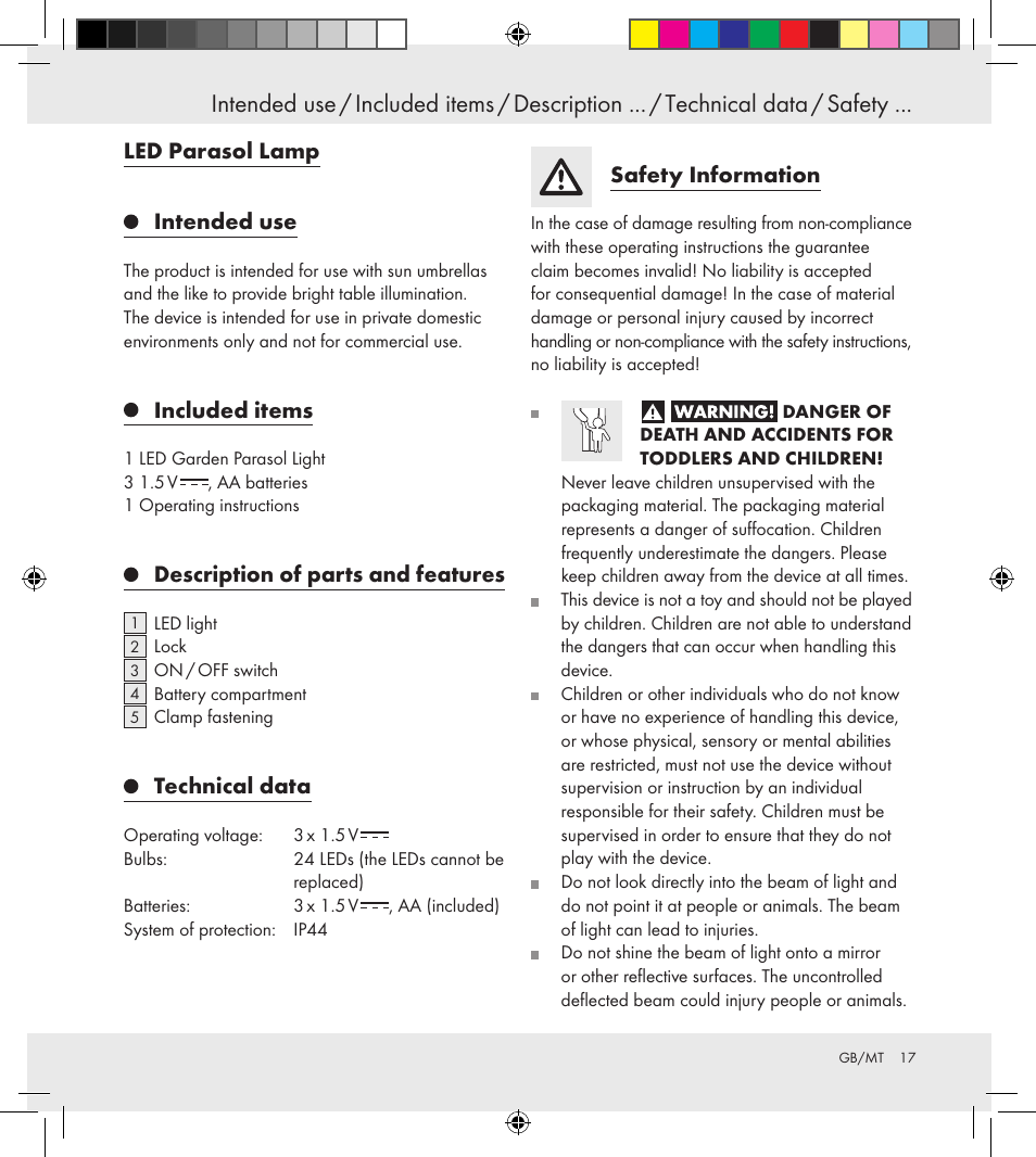 Led parasol lamp, Intended use, Included items | Description of parts and features, Technical data, Safety information | Florabest Z30688 User Manual | Page 17 / 24