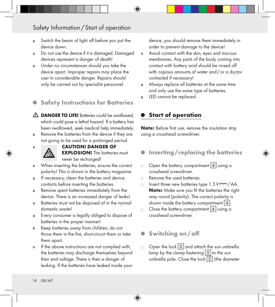 Safety information / start of operation, Safety instructions for batteries, Start of operation | Inserting / replacing the batteries, Switching on / off | Florabest Z30688 User Manual | Page 18 / 24