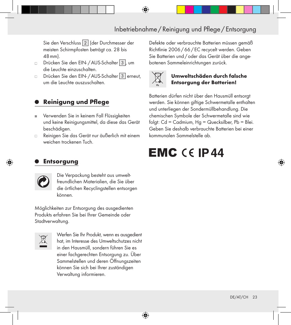 Inbetriebnahme / reinigung und pflege / entsorgung, Reinigung und pflege, Entsorgung | Florabest Z30688 User Manual | Page 23 / 24