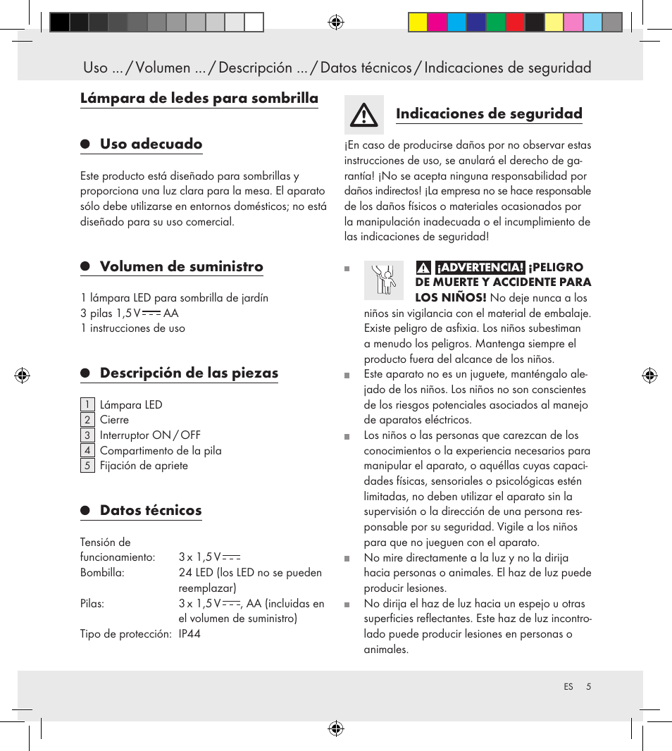 Lámpara de ledes para sombrilla, Uso adecuado, Volumen de suministro | Descripción de las piezas, Datos técnicos, Indicaciones de seguridad | Florabest Z30688 User Manual | Page 5 / 24