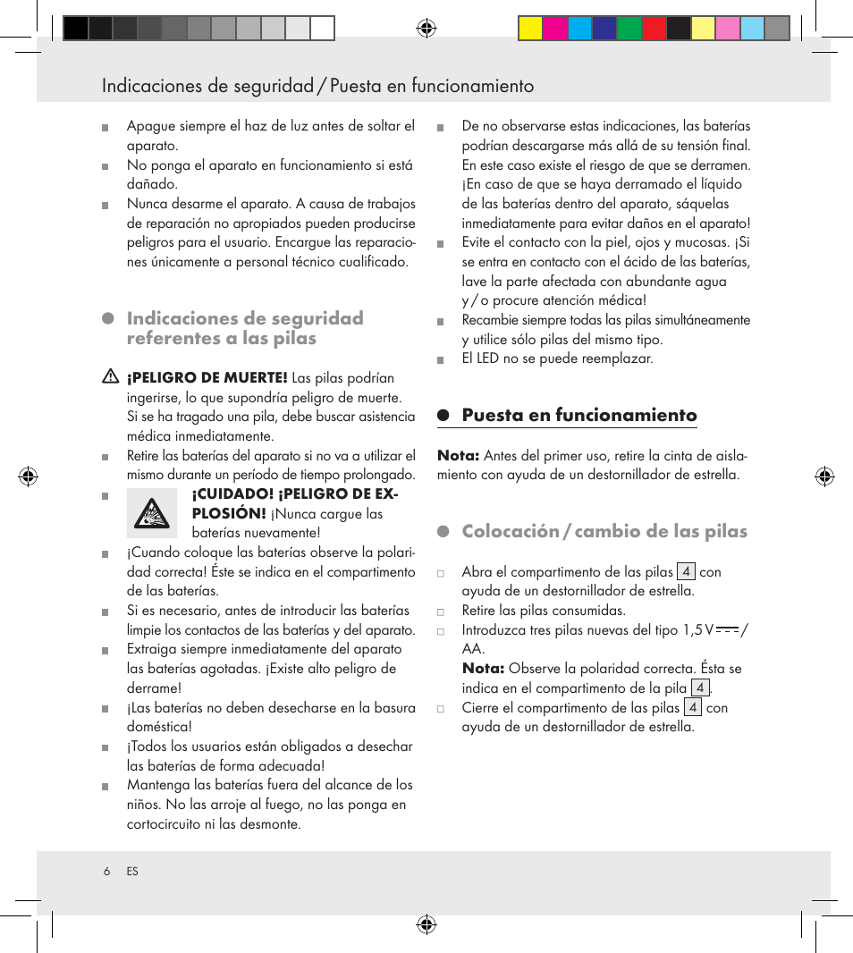 Indicaciones de seguridad referentes a las pilas, Puesta en funcionamiento, Colocación / cambio de las pilas | Florabest Z30688 User Manual | Page 6 / 24