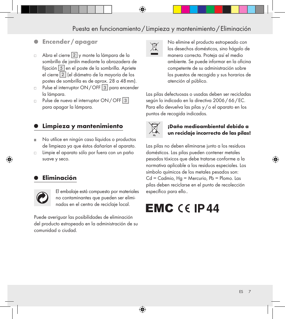 Encender / apagar, Limpieza y mantenimiento, Eliminación | Florabest Z30688 User Manual | Page 7 / 24